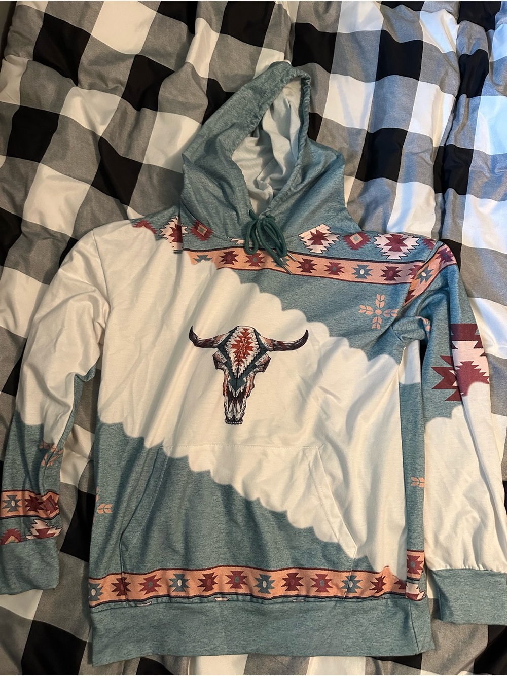 Southwestern Bull Skull Hooded Pullover in Teal and White